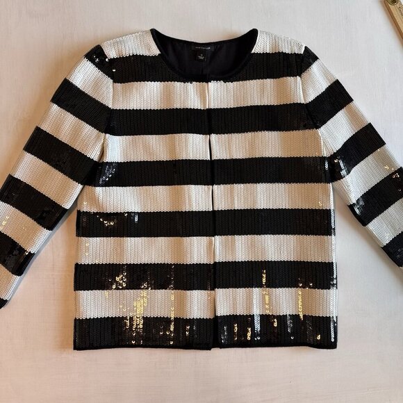 Ann Taylor Blazer Jacket Size Small Full Sequin Black And White Striped Lined - Picture 7 of 16